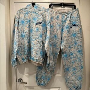 Sp5der AOP Web Heather Grey and Light Blue Hoodie and Sweatpants